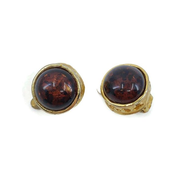 Vintage Amber Glass Clip On Earrings Unsigned, Chunky Round Clips - Picture 2 of 10